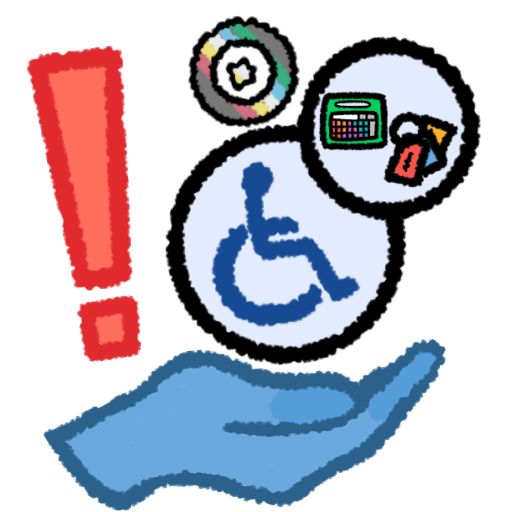 A blue hand with the palm facing up, above it is two bubbles, one large, one small, and a red exclamation point. In the large bubble is a symbol of a person in a wheelchair, in the smaller bubble is an aac tablet and communicating cards, above both those there is a disability sun symbol.